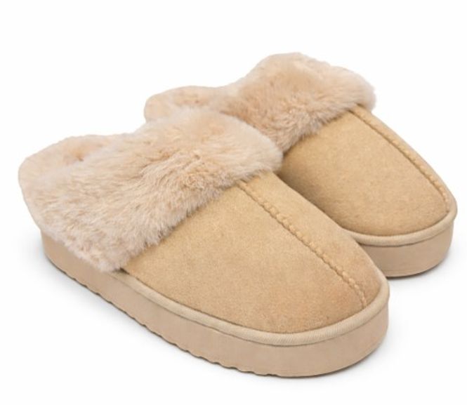 Hovedbilde Tøffel med fuskepels og tykk såle, beige, str ...